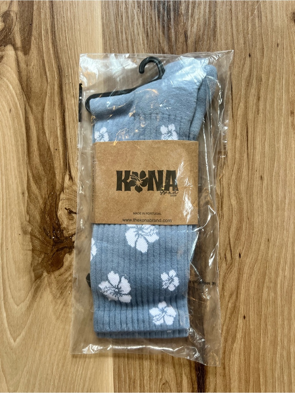 Kona Sol Light Blue Crew Socks with White Floral Pattern